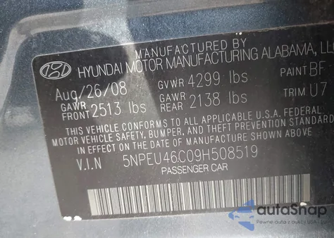 2009 Hyundai Sonata Limited z USA, uszkodzony, nr VIN 5NPEU46C09H508519